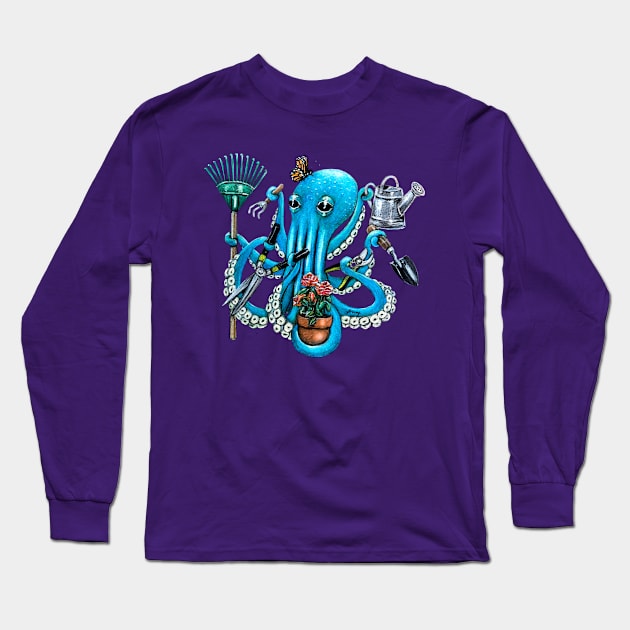 "Octo Gardener" - Octopus Landscaper Long Sleeve T-Shirt by GardenPartyArt